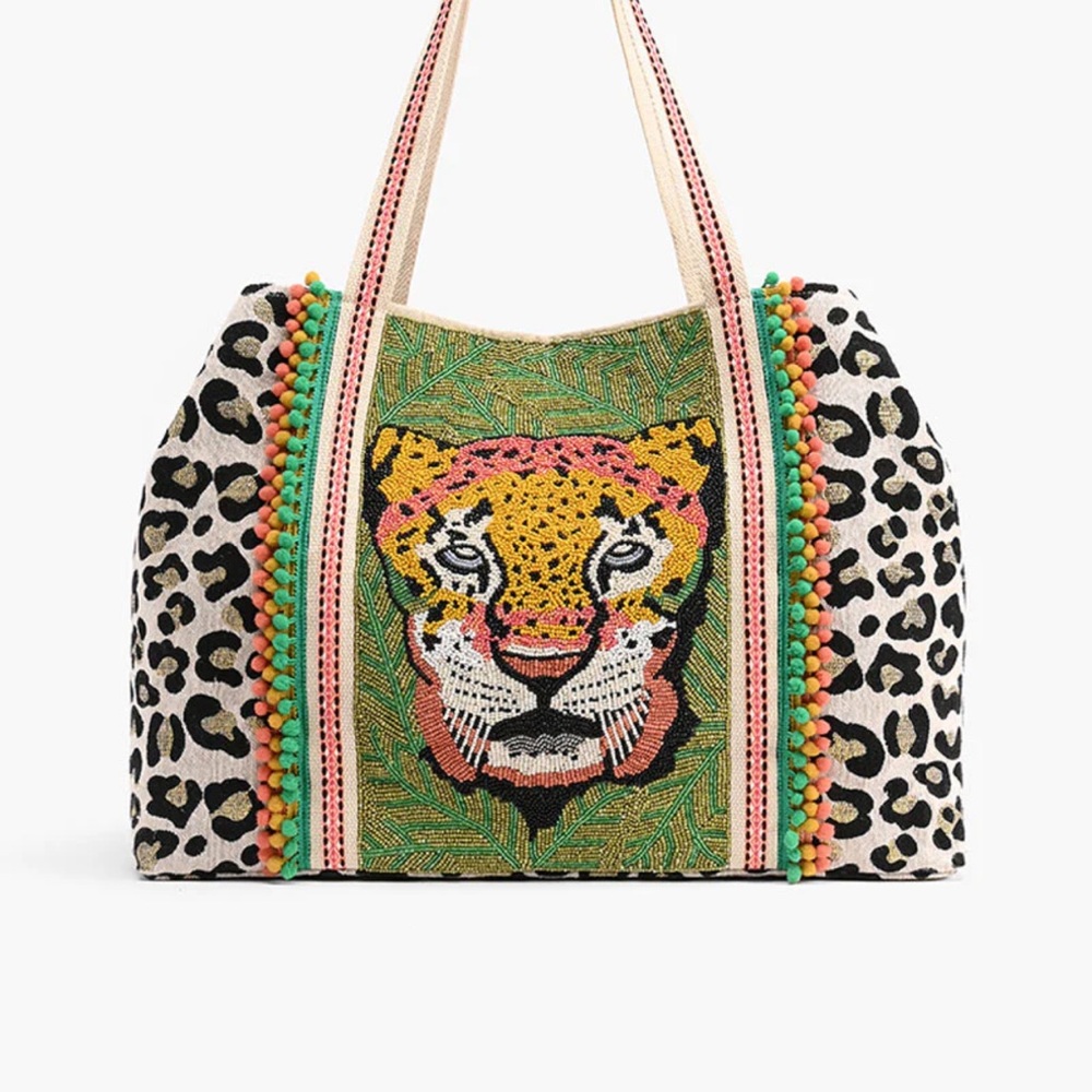 Green and Black Tote with Tiger and Leopard Design